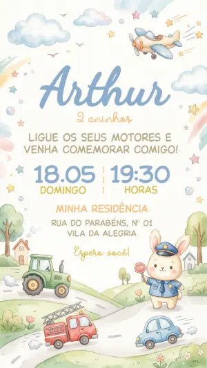 Convite de Aniversário Meios de Transporte Aquarela Editável