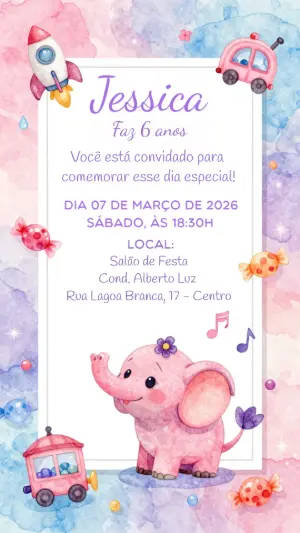 Convite de Aniversário Infantil Elefante Fofo Aquarela para Editar