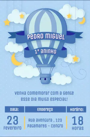 Convite de Aniversário Balão Azul para Editar Online