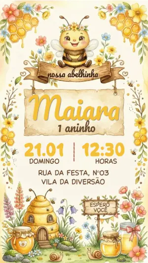 Convite de Aniversário Abelhinha Aquarela Editável