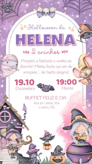 Convite de Aniversário Halloween com Bruxinhas para Editar Online