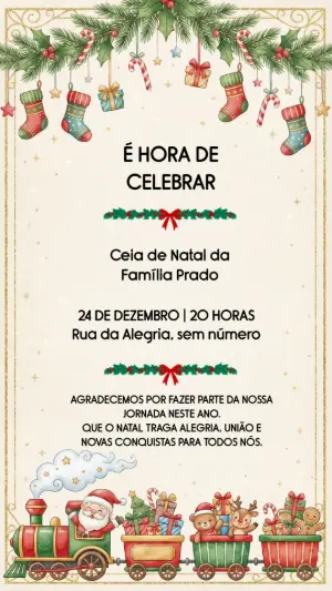 Convite de Natal Editável com Trem do Papai Noel