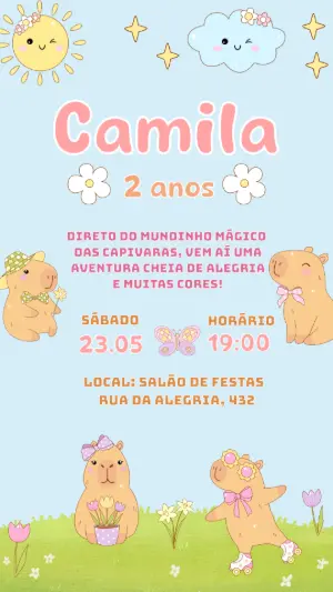 Convite de Aniversário Capivara Fofa para Editar Online