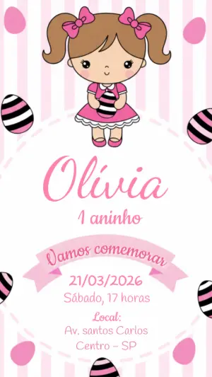 Convite de Aniversário Infantil Bonequinha Rosa Editável