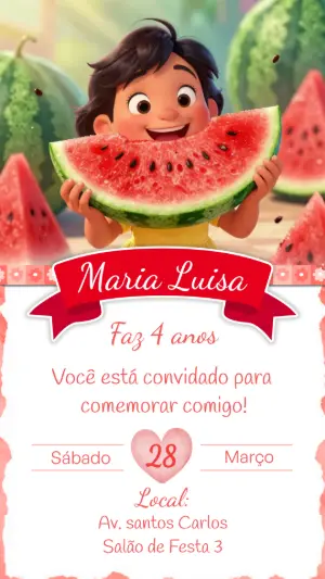 Convite de Aniversário Infantil Melancia Fofo para Editar