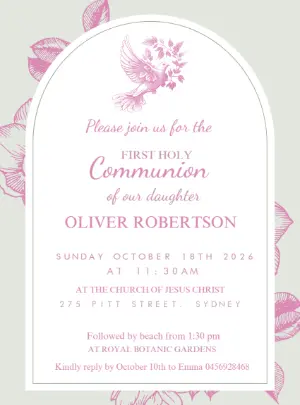 Elegant First Communion Invitation with Dove to Edit Online