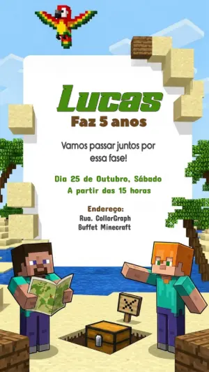 Convite de Aniversário Minecraft com Personagens para Editar