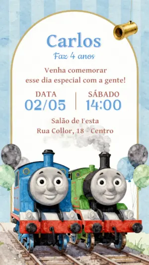 Convite de Aniversário Thomas e Amigos Aquarela Editável
