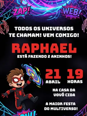 Convite de Aniversário Homem Aranha Multiverso Editável