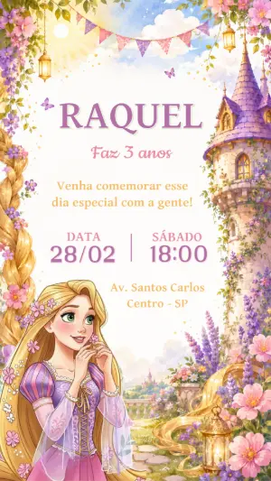 Convite de Aniversário Rapunzel Aquarela para Editar