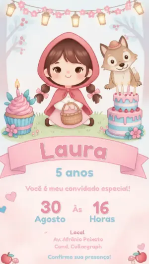 Convite de Aniversário Chapeuzinho Vermelho Fofo Editável