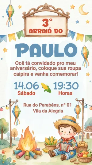 Convite Arraiá de Aniversário Menino Aquarela Editável