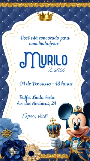 Convite Aniversário Mickey Realeza Editável Online