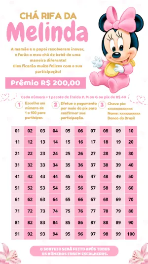 Chá Rifa Minnie Baby Rosa Modelo Editável para Chá de Bebê