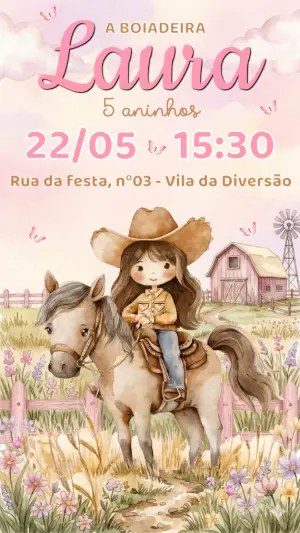 Convite de Aniversário Boiadeira Country Aquarela para Editar