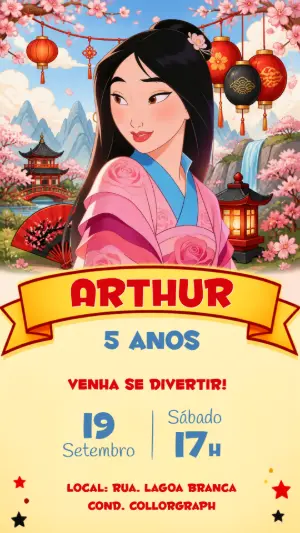 Convite de Aniversário Mulan para Editar Online