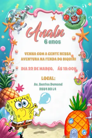 Convite de Aniversário Bob Esponja e Turma para Editar Online