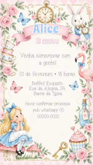 Convite Alice no País das Maravilhas Aquarela Editável
