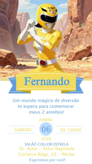 Convite de Aniversário Power Ranger Amarelo para Editar