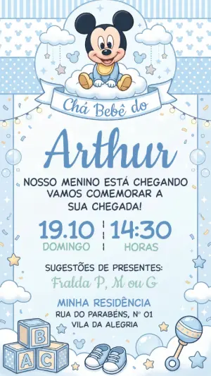 Convite Chá de Bebê Mickey Baby Azul Modelo Editável