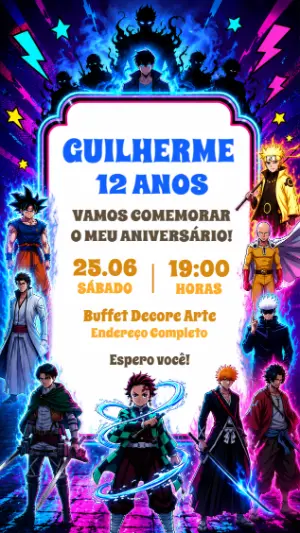Convite de Aniversário Anime Crossover Neon para Editar