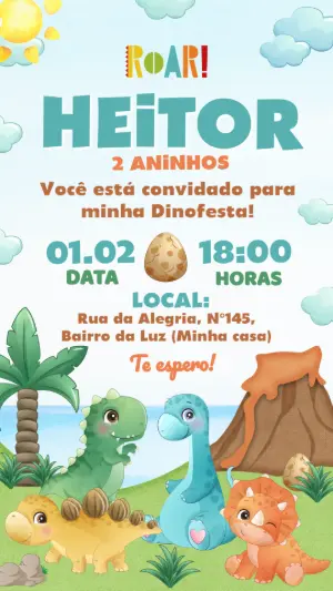 Convite Digital Editável Aniversário Tema Dinossauros Fofos