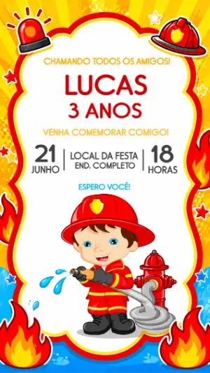 Convite de Aniversário Bombeiro Infantil para Editar