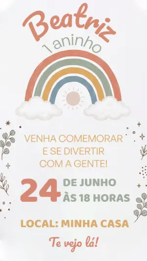 Convite Aniversário Infantil Arco-íris Boho Modelo Editável