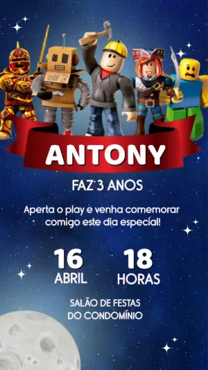 Vídeo Convite de Aniversário Roblox no Espaço Editável