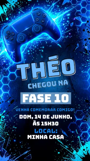 Convite de Aniversário Gamer Neon Azul Modelo Editável