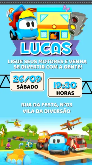 Convite de Aniversário Leo o Caminhão Editável para Menino