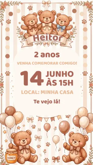 Convite de Aniversário Ursinho Fofo para Editar