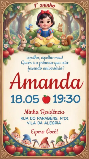 Convite de Aniversário Branca de Neve Baby Fofo para Editar