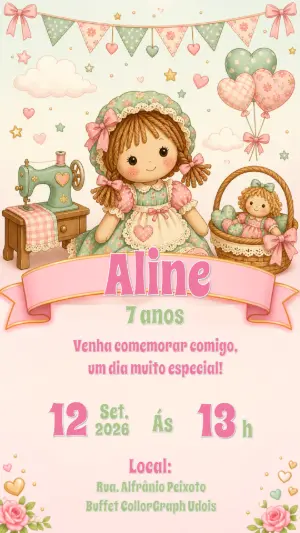 Convite Aniversário Boneca de Pano para Editar
