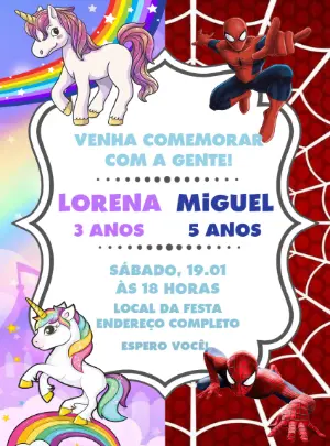 Convite Aniversário Duplo Unicórnio e Homem Aranha para Editar