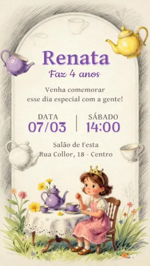 Convite Aniversário Chá da Tarde Princesa Modelo Editável