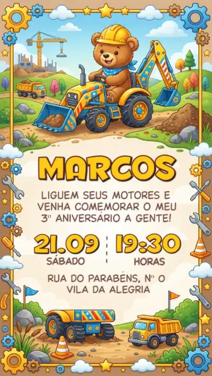 Convite Aniversário Ursinho na Construção Modelo Editável