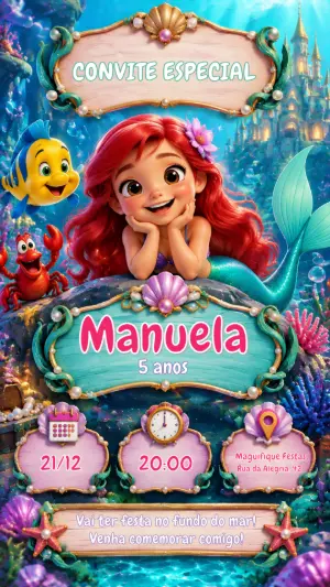 Convite Editável Aniversário Infantil A Pequena Sereia
