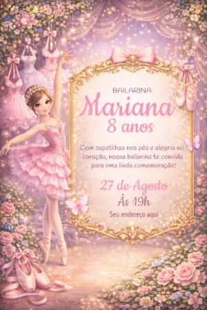 Convite de Aniversário Bailarina Rosa e Dourado para Editar