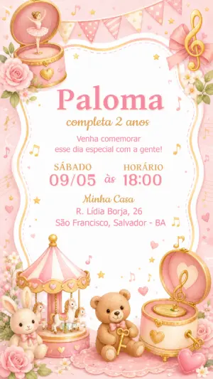 Convite de Aniversário Caixa de Música e Bailarina Editável