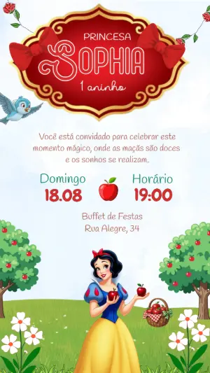 Convite de Aniversário Branca de Neve Princesa Editável