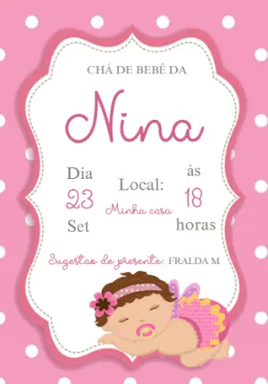 Convite Chá de Bebê Menina Rosa com Poá para Editar Online