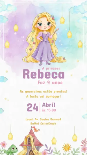 Convite Digital Aniversário Rapunzel Estilo Aquarela para Editar
