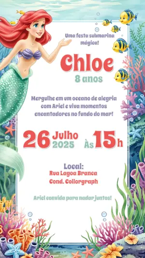 Convite de Aniversário Ariel Sereia para Editar Online