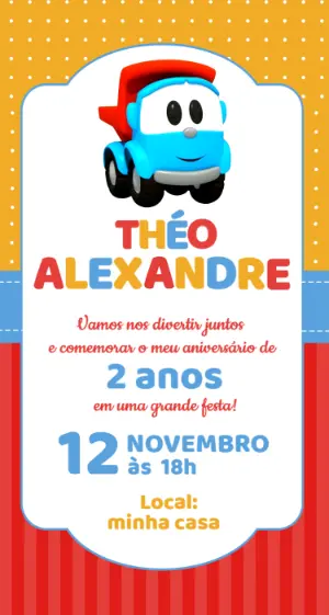 Convite de Aniversário Léo o Caminhão Colorido para Editar