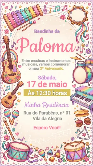 Convite de Aniversário Musical Infantil Colorido para Editar
