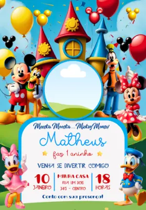 Convite Digital Turma do Mickey com Foto para Editar