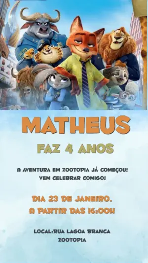 Convite Digital Aniversário Infantil Zootopia Modelo Editável