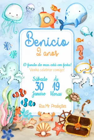 Convite de Aniversário Fundo do Mar Aquarela Editável