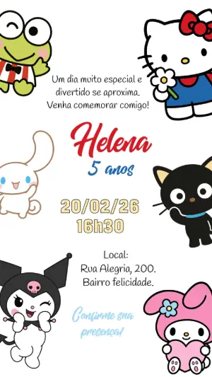 Convite de Aniversário Hello Kitty e Turma para Editar Online